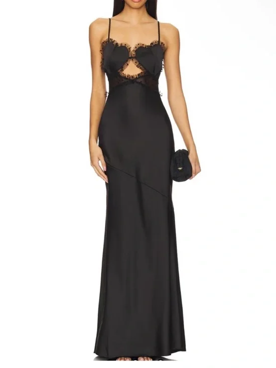 For Love & Lemons Val Heart Cup Dot Tulle Ruffle Satin Black Maxi Dress NEW - Picture 4 of 11